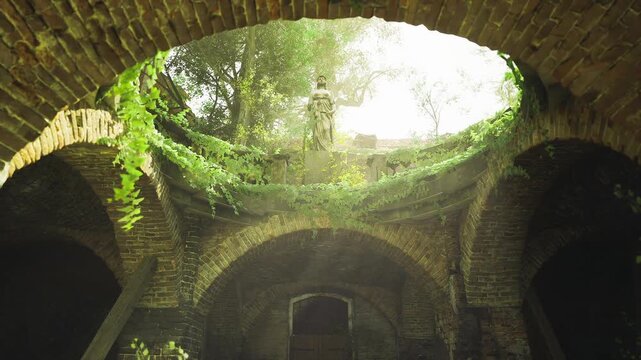 Golden sunbeam pouring through circular aperture, vines and soft haze outline weathered arches, scattered leaves on damp stone, evocative mood for photographer
