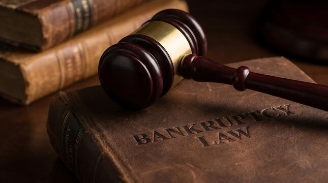 Wooden gavel resting on a bankruptcy law book with leather cover