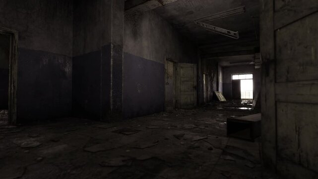Weathered doorway framing dim interior space, warped floorboards and cracked plaster, tense quiet mood suited for thriller, suspense or atmospheric backgrounds