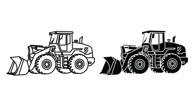 Two black and white illustrations of a front end wheel loader