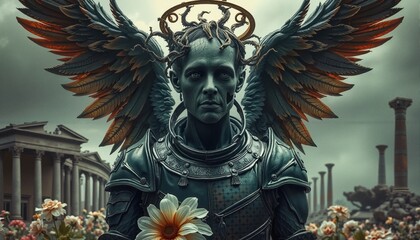 Fototapeta premium Epic Statue of Angelic Warrior Amidst Classical Ruins and Flowers