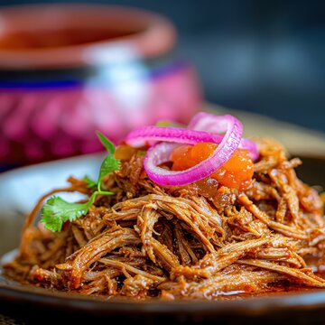 Cochinita pibil premium Mexican pulled pork with achiote marinade topped with pickled red onions and cilantro garnish in upscale restaurant setting