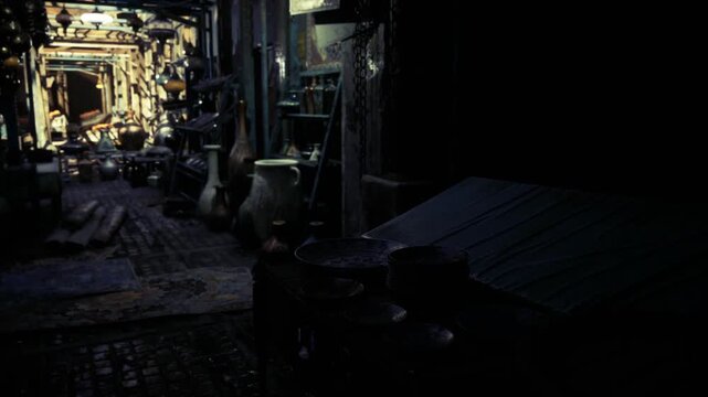 Closed pottery stalls bathed in golden light Marrakech market, stacked bowls and plates on wooden tables, still atmosphere suggesting early vendor preparation