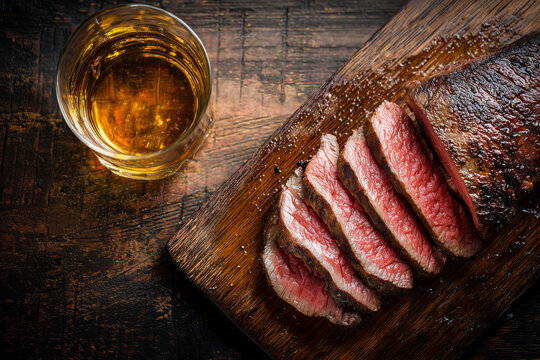 Grilled medium rare steak cut into slices on wooden platter top view with glass of whiskey.
