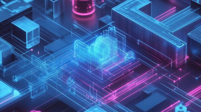 Futuristic digital architecture glowing blue pink