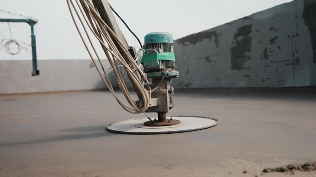 Power trowel machine smoothing concrete floor surface