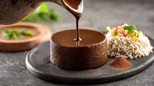 Premium mole poblano sauce being poured over traditional Mexican rice garnished with fresh herbs at upscale restaurant dining experience