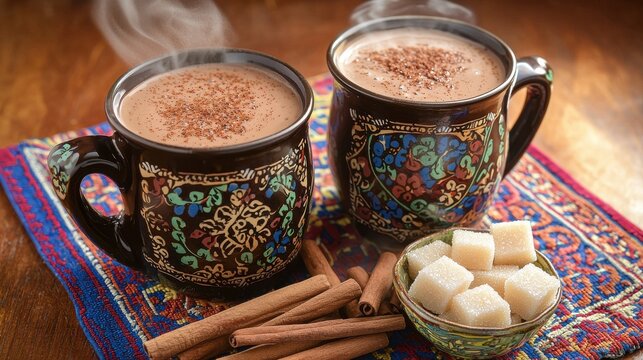 Traditional Mexican hot chocolate served in ornate hand-painted ceramic mugs with cinnamon sticks and raw sugar cubes on colorful woven textile