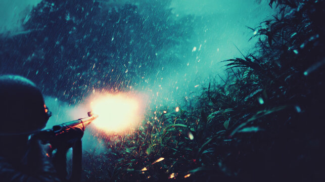 Soldier firing a weapon in a rainstorm during a dramatic night scene