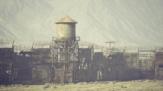 Isolated water tower standing in ruins, close central composition shows scaffold base and weathered tank, dry scrub foreground and harsh light emphasize
