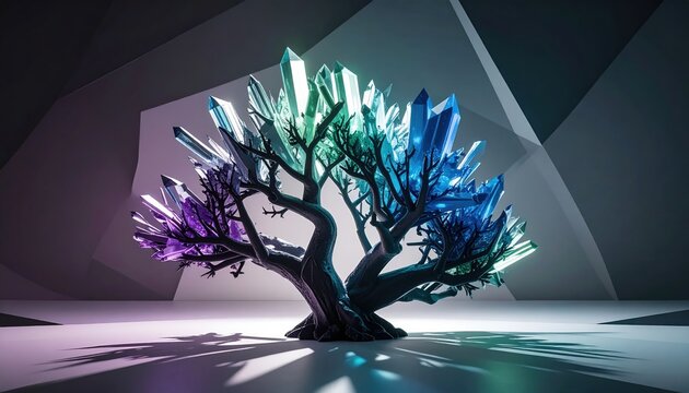 A branching crystalline tree with multicolored gemstone leaves emerges, symbolizing quantum parallelism and scientific discovery.