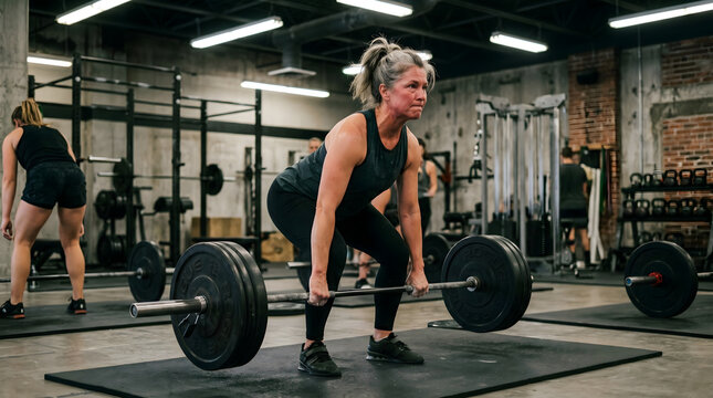 Woman  Deadlift Real Gym Flushed Face Genuine Exertion Proper Form Loaded Barbell Weight Plates Midlife Strength Training Editorial Menopause Fitness Photography
