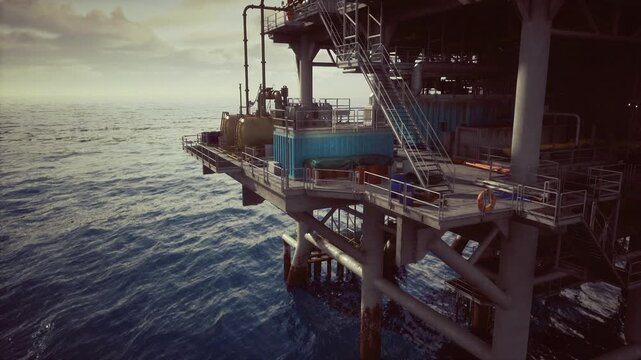 Offshore oil rig platform at dawn with processing modules and sweeping sea, warm early light highlighting tanks, walkways and industrial silhouette for energy