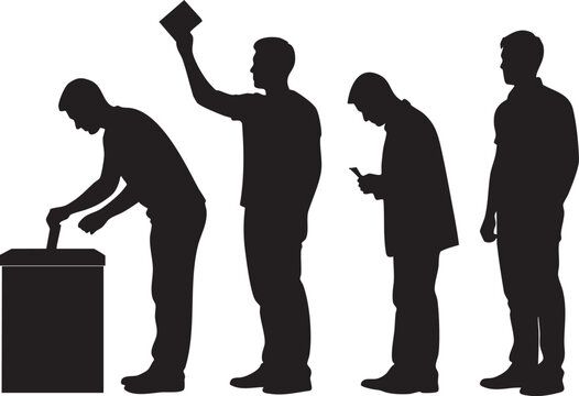 Black silhouettes, people voting, ballot box, election icons, set of 4