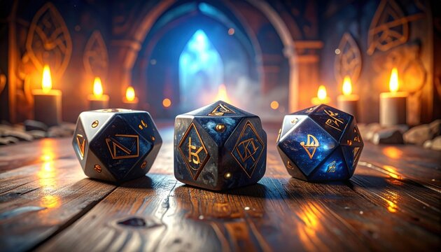 Dark Smoky Quartz Polyhedral Dice with Etched Golden Symbols on a Wooden Table in a Mystical Setting