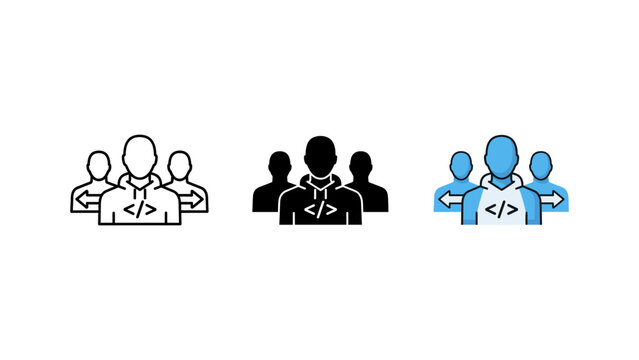 A group of software developers or programmers with a code symbol illustrates a collaborative tech team.