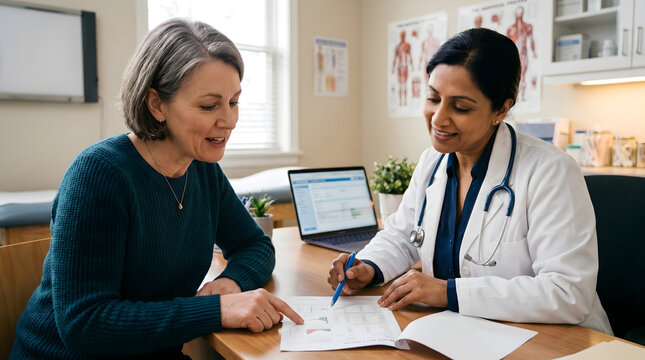 Woman Early 50s Doctor Clinic Room Both Leaning Looking Printed Blood Test Result Empowered Engaged Expression Real Clinic Warm Consultation Light Editorial FemTech Health Photography