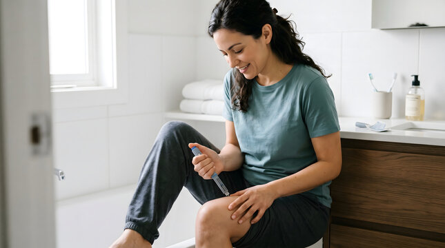 Woman Sitting Bathroom Edge GLP-1 Injection Pen Pressed Thigh Calm Confident Expression Natural Morning Light