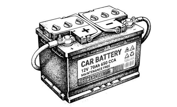Detailed illustration of a 12 volt car battery with positive and negative terminals