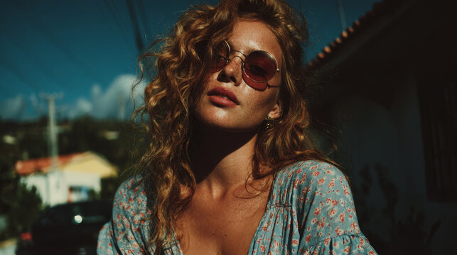 Young woman with curly hair and freckles wearing sunglasses outdoors