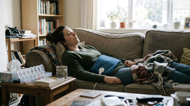 Person Lying Sofa Afternoon Fully Dressed Staring Ceiling Heating Pad Pill Organiser Side Table Daytime Light Genuine Exhaustion Editorial Chronic Illness Documentary Photography