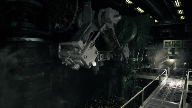 Shadowed powerplant interior with massive actuators and conveyor, scattered sparks and haze, maintenance catwalks and dim inspection lights marking route