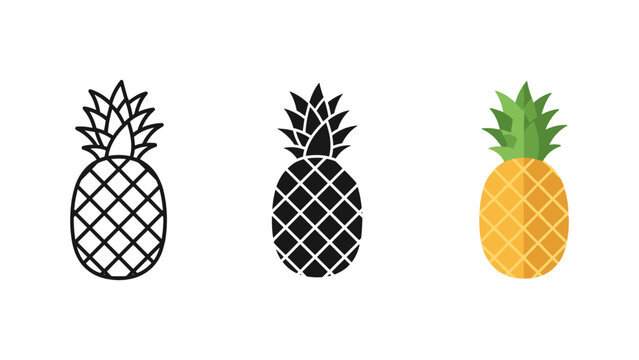 A tropical pineapple fruit in three distinct graphic styles, symbolizing health, freshness, and exotic produce.