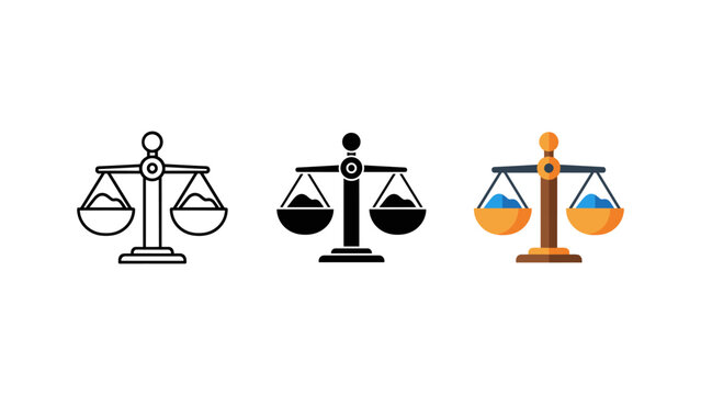 Three stylistic variations of the traditional scales of justice icon, representing balance, law, and fairness.