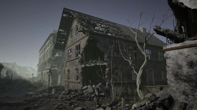 War torn village scene with barren trees and collapsed roofs, cracked cobblestone and hazy horizon, heavy stillness evoking loss and memory, useful