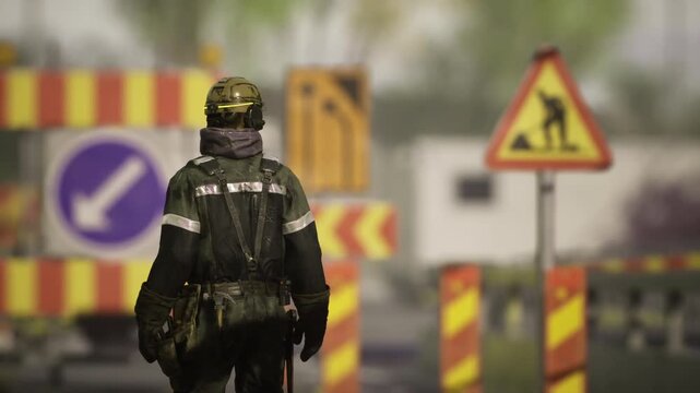 Logistics coordinator at traffic diversion managing signage and flow, heavy gear with reflective details and backpack, temporary barriers creating controlled