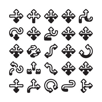 Complex multi directional arrow icons with curved paths and thick strokes for flow chart diagrams.