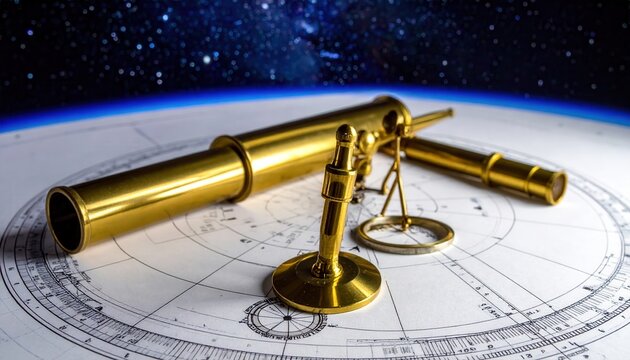 Polished brass miniature astronomical instruments arranged on a star chart representing celestial study and cosmic exploration.