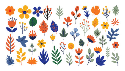 Naklejka premium Set of colorful hand drawn floral elements and decorative botanical leaves for spring seasonal nature graphic design isolated on white background