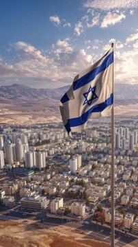 Israeli flag waving above modern Middle Eastern city with urban skyline desert surroundings and clear sky