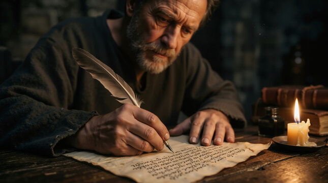 Older man writing on parchment with a quill pen by candlelight. Historical apostle or scribe working on a biblical manuscript. Religion and faith concept