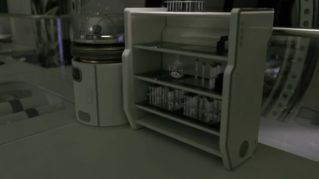 Automated analysis chamber with reagent racks and sealed processing unit, soft green glow, aiassisted diagnostics implied, clinical futuristic tone
