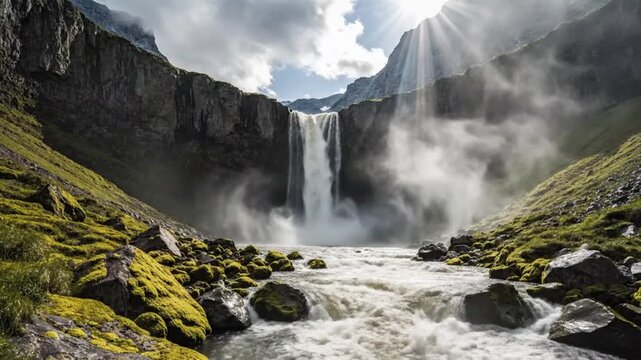 Waterfall cascades down rocky cliffside into misty river valley with mossy hills