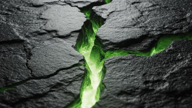 Glowing green light behind cracked dark rock