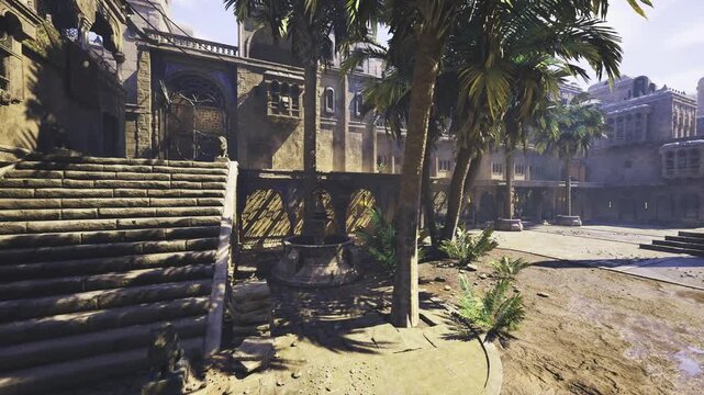 Tropical garden serenity. Hidden peaceful lush landscape. Serene tropical garden with shaded pathways. Quiet oasis surrounded by palms and textured ground cover