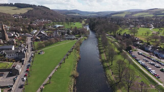 Traditional Scottish townscape of Peebles in the Borders region featuring quintessential stone dwellings and historic national architecture.
