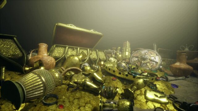 scattered treasure sprawled across low plane, mixed coins, cups and fragments suggest recent upheaval of hoard documentary tone with soft vignette and rich