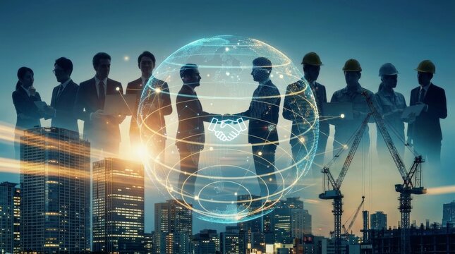 Global business and industrial synergy concept with silhouettes of professionals, engineers, and digital world globe network overlay