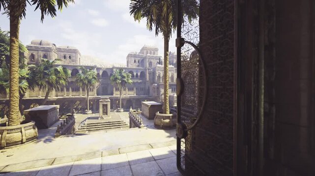 dim shadowed corridor opening to bright courtyard, archframed exit reveals terraces, steps and distant palms, textured wall carvings catch slanted light, moody