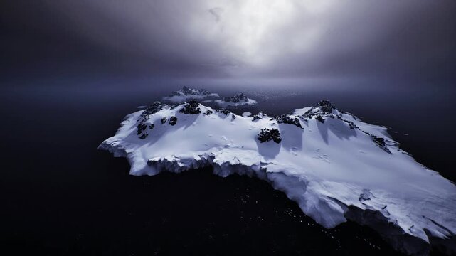 Cinematic plateau with scattered ice outcrops and deep moody sky, vast frozen plain meeting dark sea, textured snowfields and subtle ridgelines, perfect