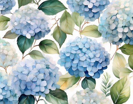 a seamless pattern of pale blue hydrangeas and olive green leaves on a white background rendered in a watercolor style