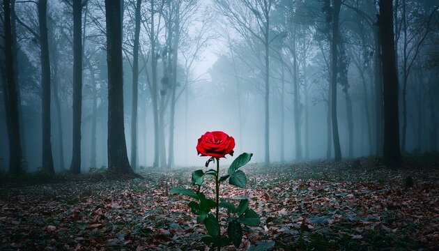 lone red rose in a misty dark forest