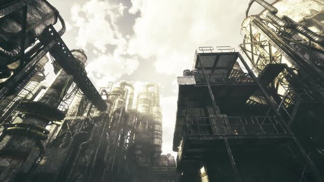 backlit chemical towers reach toward sky, narrow catwalks and platforms interlace with pipes, sunrise haze creating cinematic industrial mood for inspection