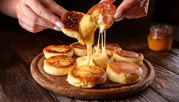 hands pull warm delicious cheese pancakes apart with melted cheese strech