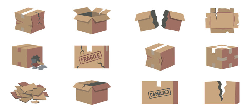 Set of damaged, broken, and crushed cardboard box icons. Vector Illustration.	