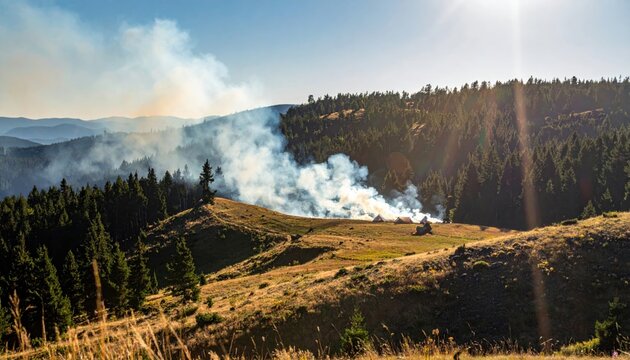 Billowing smoke from a burgeoning wildfire engulfs a distant coniferous hillside under a clear blue sky.